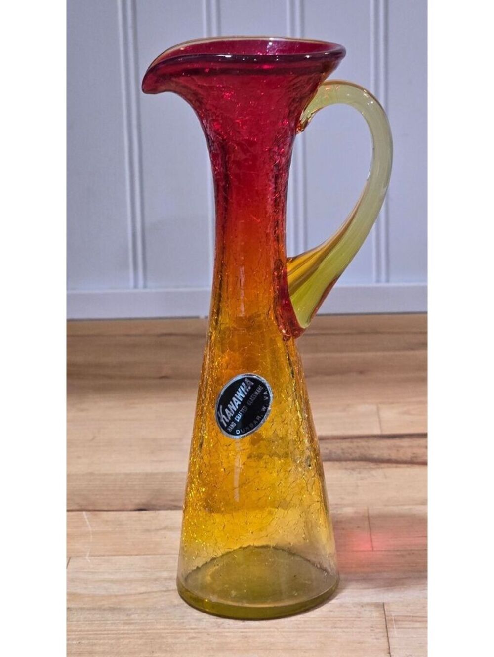 Vtg Kanawha Amberina Crackle Glass Swung Pitcher Vase MCM Hand Blown Label MCM